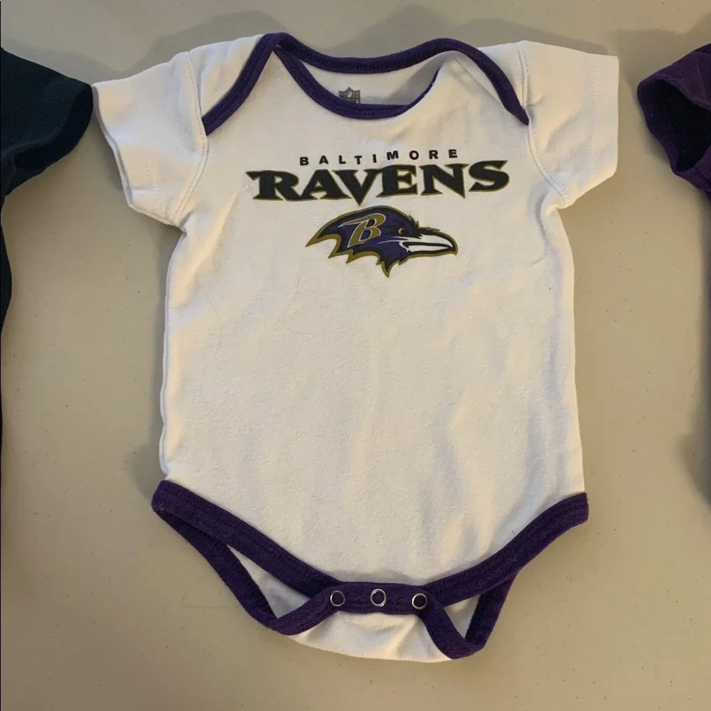 NFL Baltimore Ravens Three Piece Bodysuit Lot 6/9 Months Purple Black Cotton